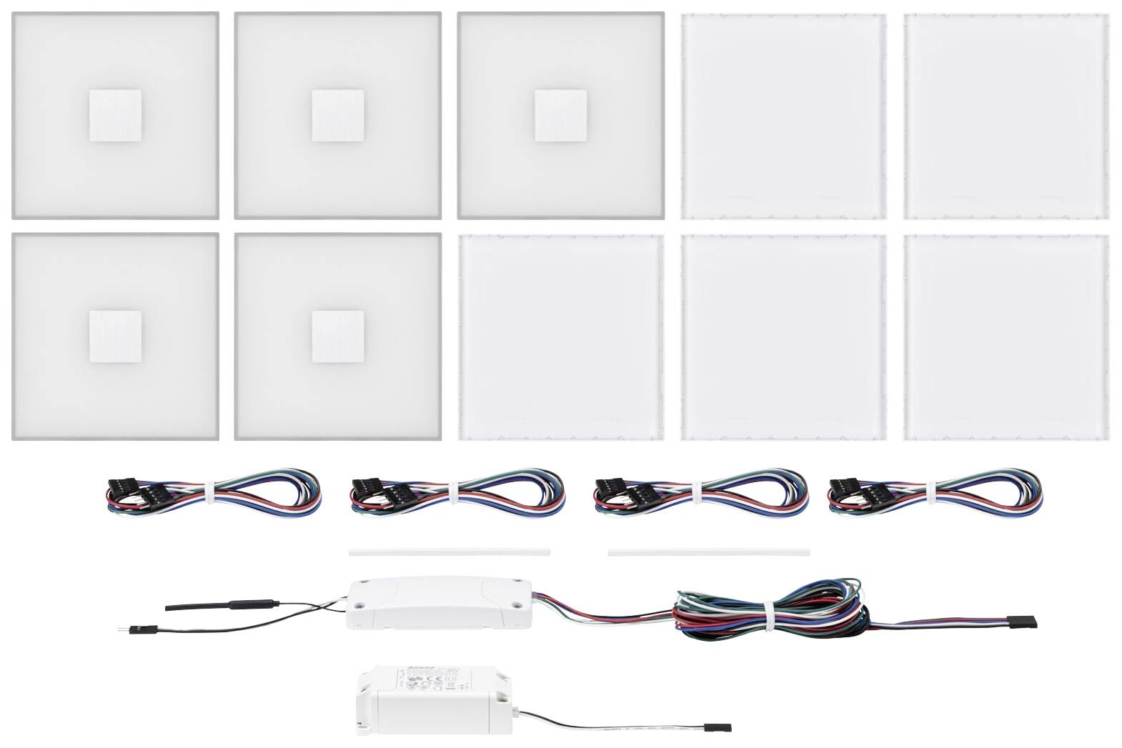 Osiem kwadratowych paneli LED z wyposażeniem dodatkowym, takim jak kable i transformatory, które można wykorzystać do stworzenia konstrukcji oświetleniowej.