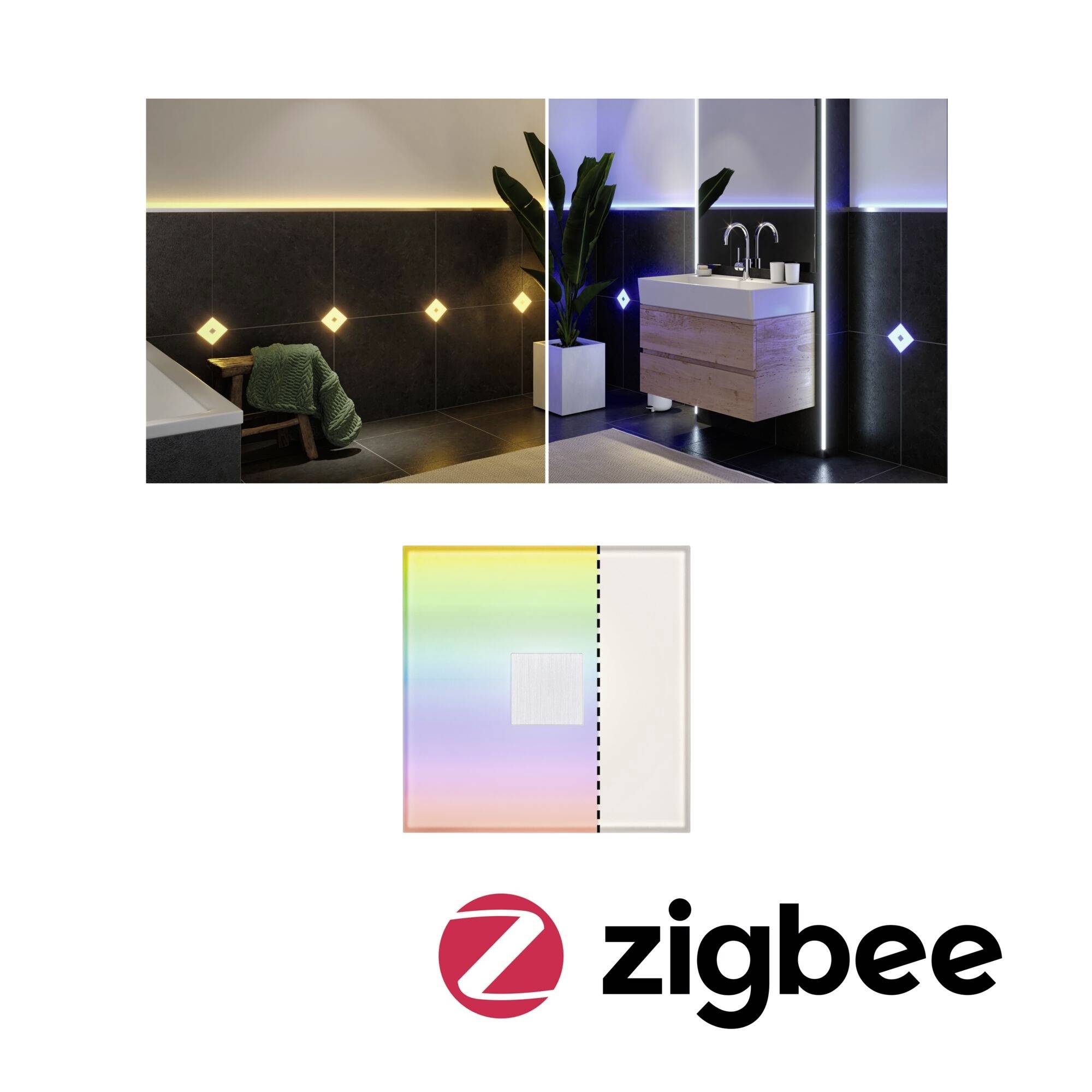 Oświetlona łazienka w dwóch wariantach kolorystycznych, z rośliną i umywalką; na dole logo Zigbee.