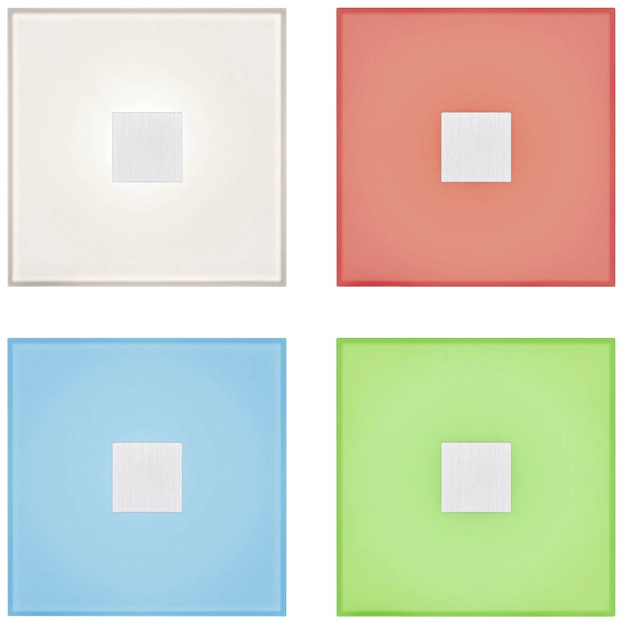 Cztery kwadratowe włączniki światła w różnych kolorach: białym, czerwonym, niebieskim i zielonym, każdy z centralnym srebrnym przyciskiem.