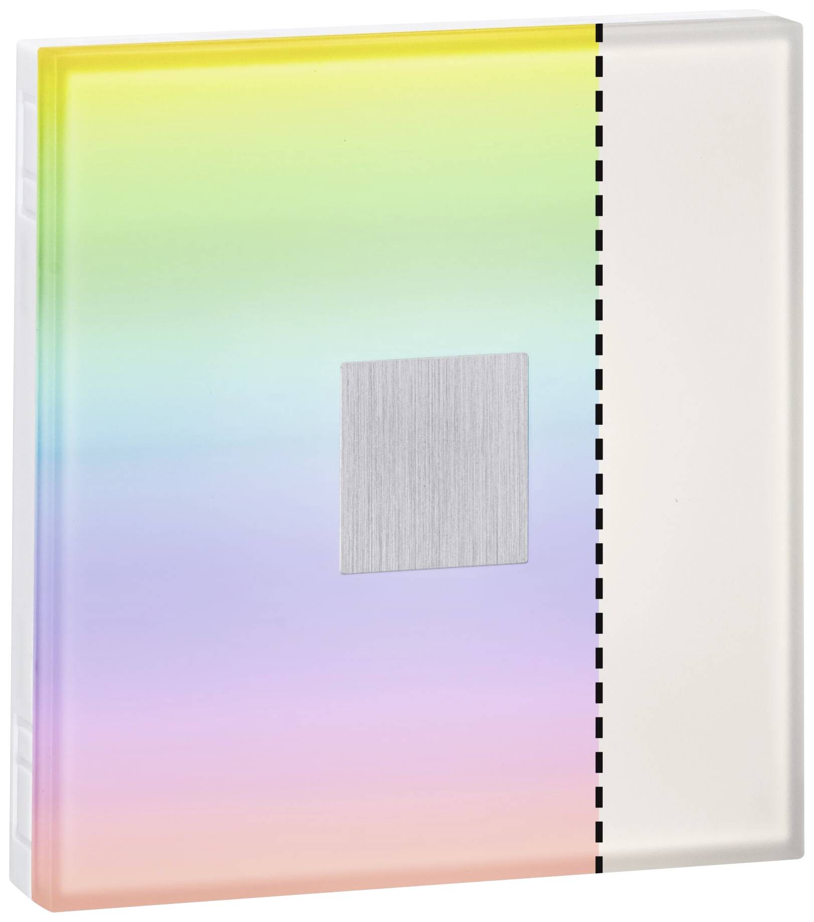 Etui z tęczowym wzorem po lewej stronie i srebrną prostokątną płaszczyzną pośrodku.