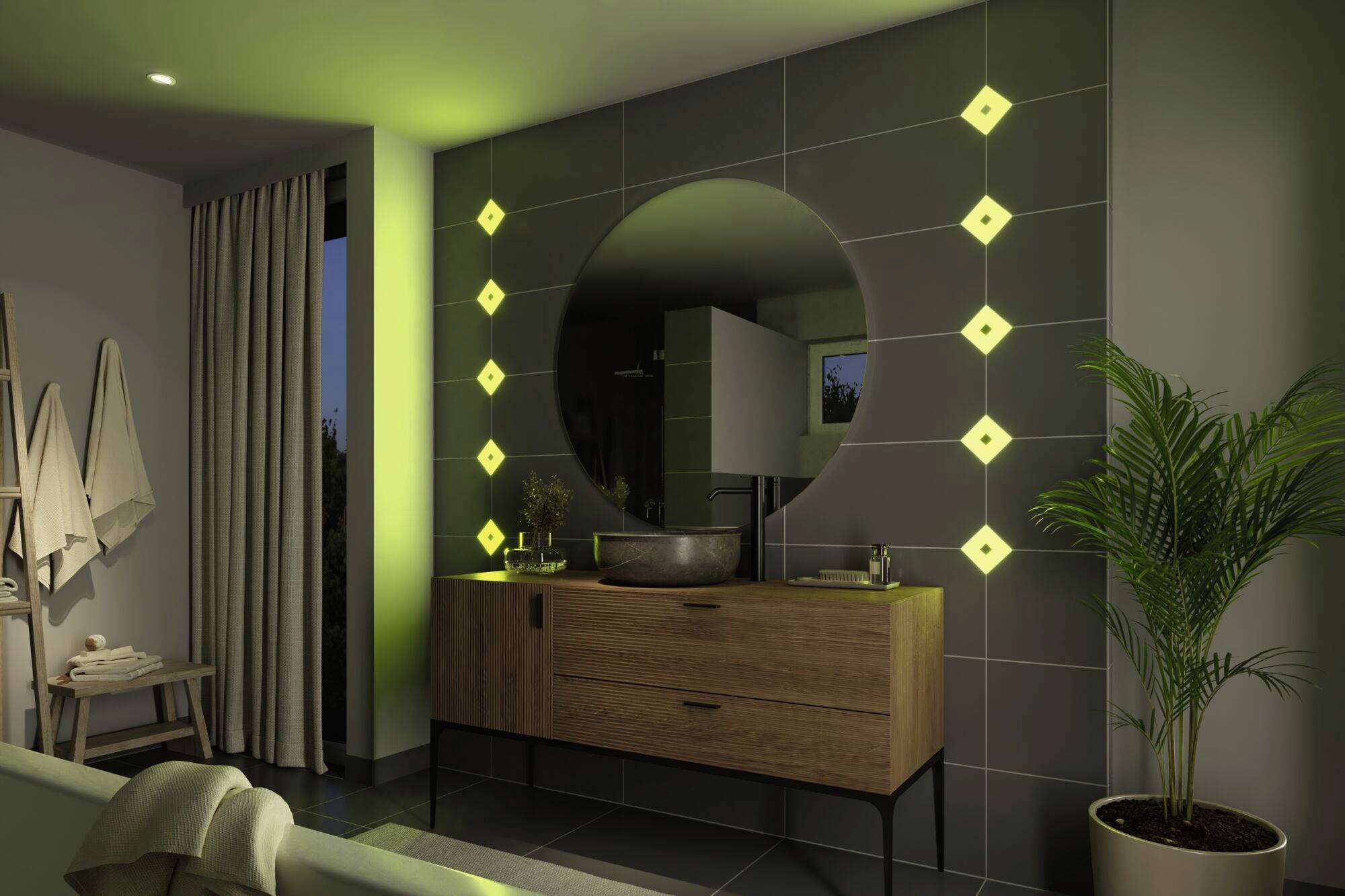 Oświetlona nowoczesna łazienka z okrągłym lustrem, drewnianą umywalką i roślinami; lampki LED na kafelkach.