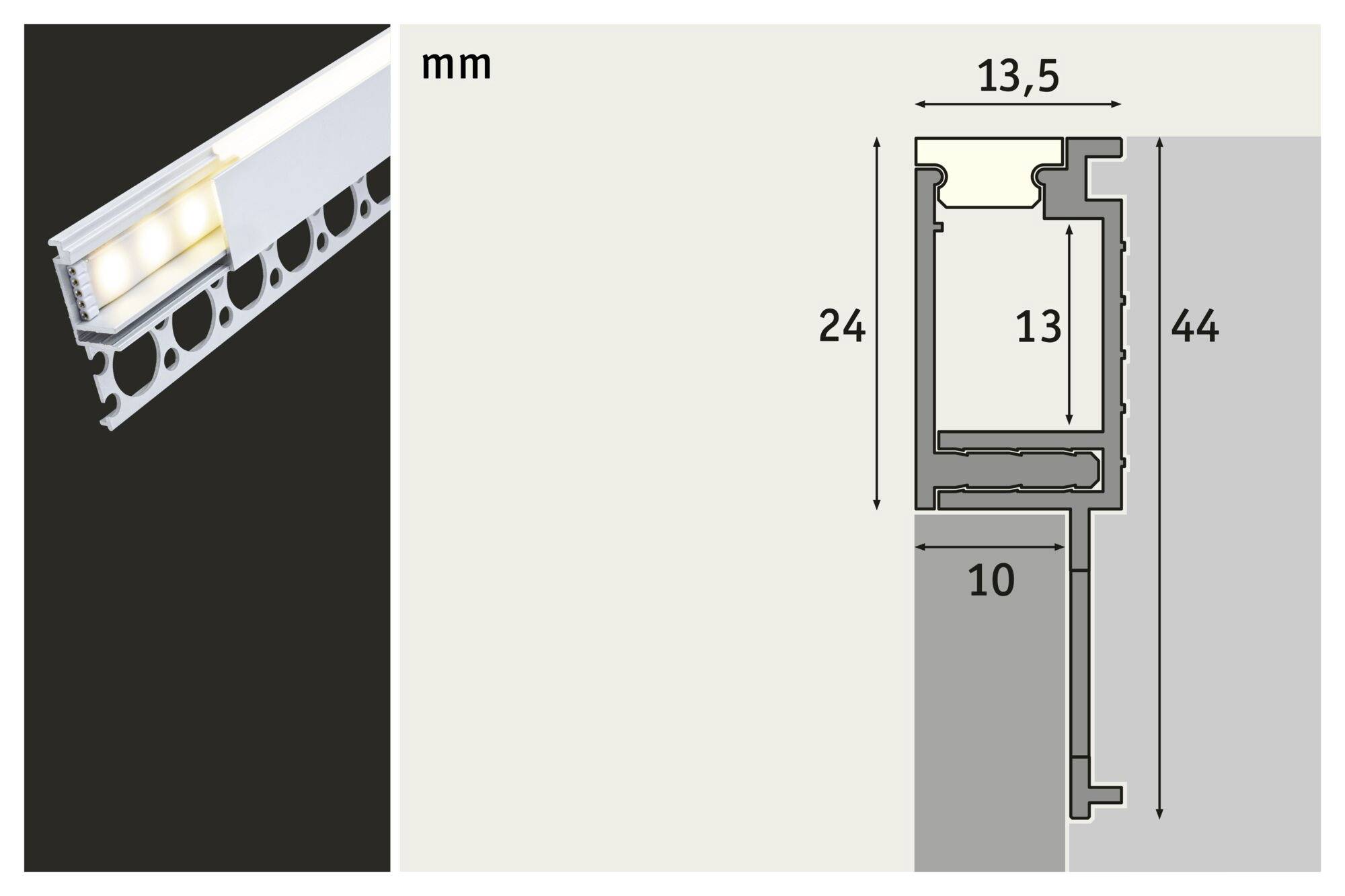 Przekrój profilu z wymiarami: wysokość 24 mm, szerokość 44 mm, komora pionowa 13 mm, komora pozioma 10 mm, górny margines 13,5 mm.