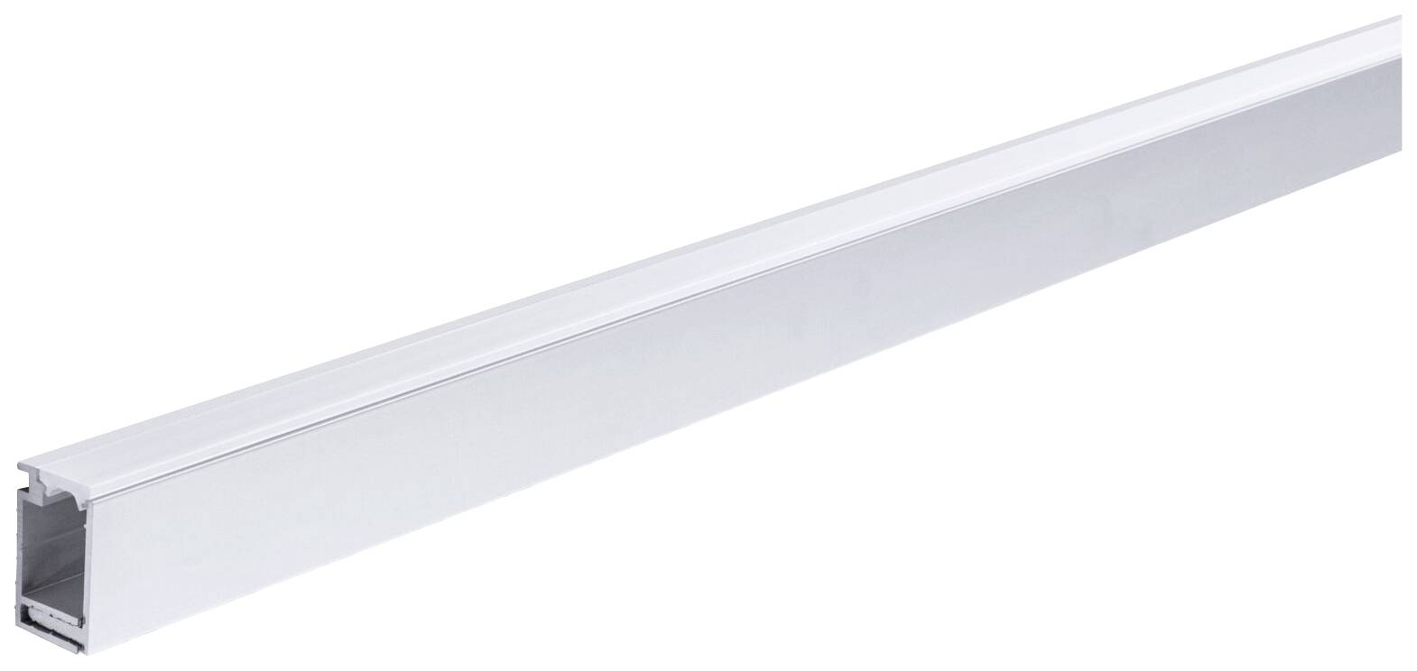 Biały, prostokątny kanał kablowy z metalu z pokrywą. Kanał jest długi i wąski, idealny do estetycznego prowadzenia przewodów przy ścianie.