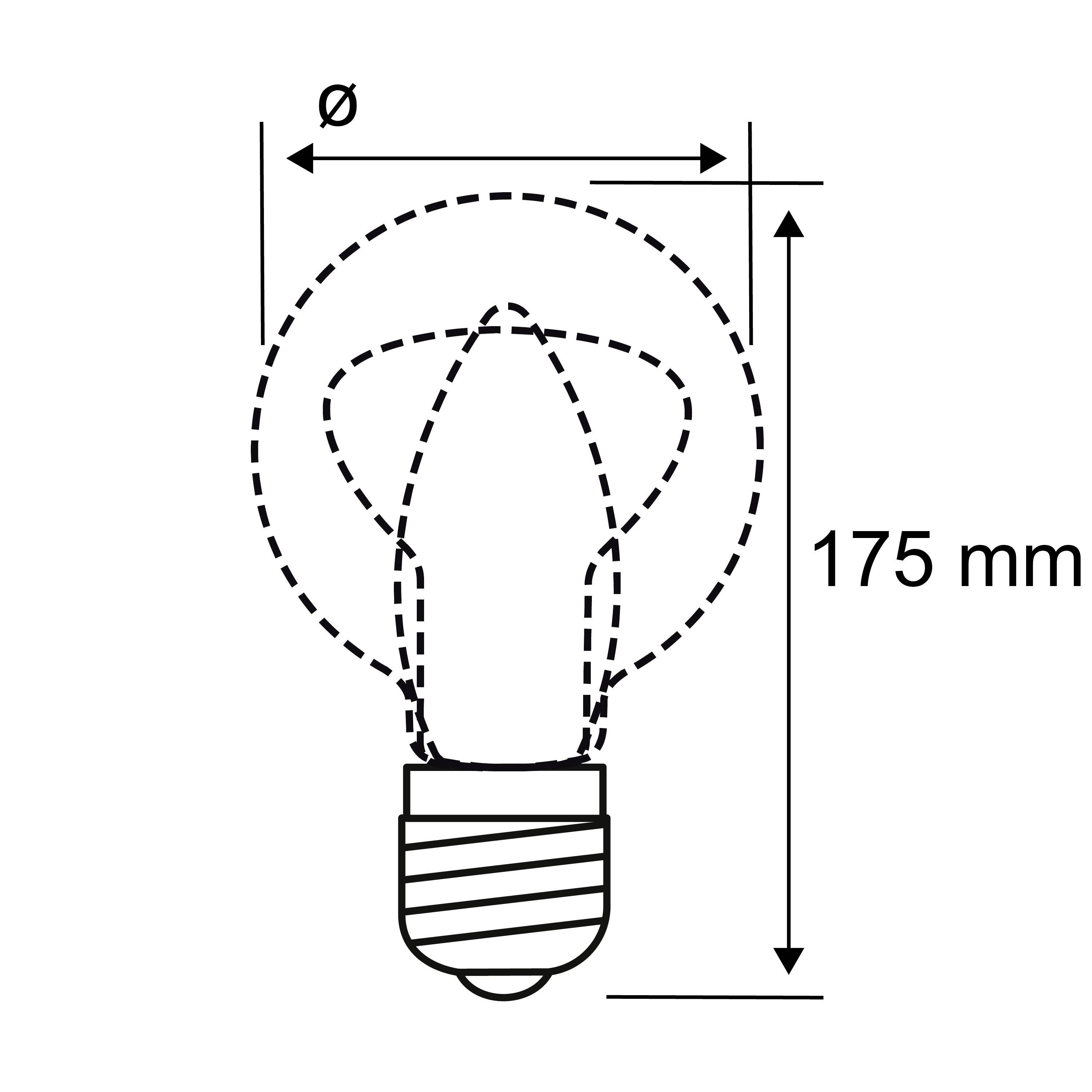 Diagram żarówki o wysokości 175 mm i średnicy Ø, przedstawiający wielkość i kształt żarówki.