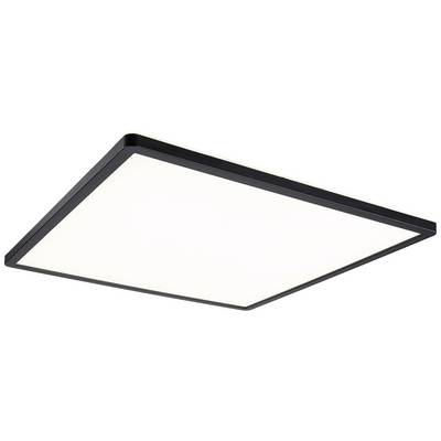 Prostokątna lampa sufitowa LED z czarną ramą, emitująca równomierne białe światło. Nowoczesny, minimalistyczny design.