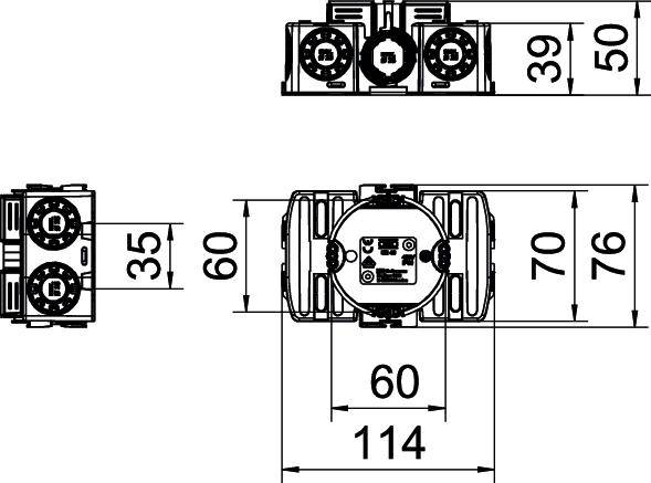 Rysunek techniczny elementu elektrycznego gniazda wtyczkowego z wymiarami: szerokość 114 mm, wysokość 76 mm, głębokość 39 mm. Widoki z góry i z boku.