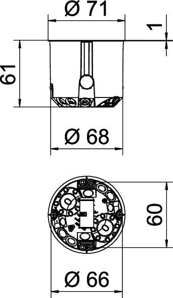 Rysunek techniczny puszki elektrycznej podtynkowej o następujących wymiarach: średnica 71 mm u góry, 68 mm u dołu, 66 mm w środku, wysokość 61 mm. Okrągły kształt.