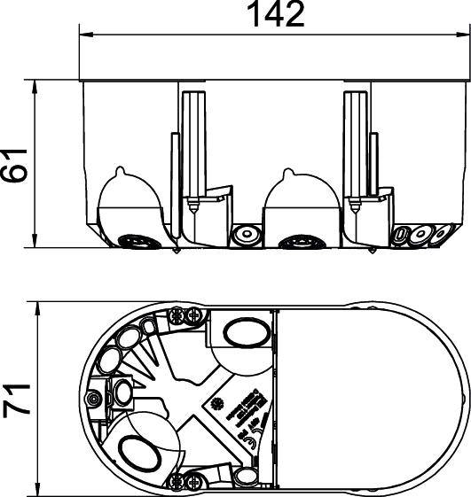 Rysunek techniczny owalnego szablonu o wymiarach 142 x 61 x 71 mm. Wewnętrzne, szczegółowe rozmieszczenie komponentów.