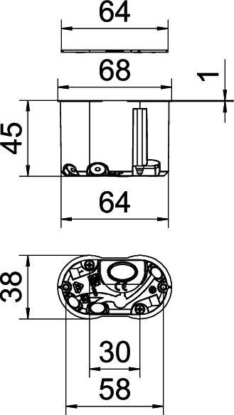 Rysunek techniczny owalnego elementu z wieloma wymiarami: szerokość 68 mm, głębokość 45 mm, wysokość 1 mm. Charakterystyczne szczegóły i punkty połączeń są wyraźnie widoczne.