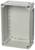 Prostokątna, szara obudowa z tworzywa sztucznego z otwartymi bokami i wstępnie wywierczonymi otworami do instalacji elektrycznych.