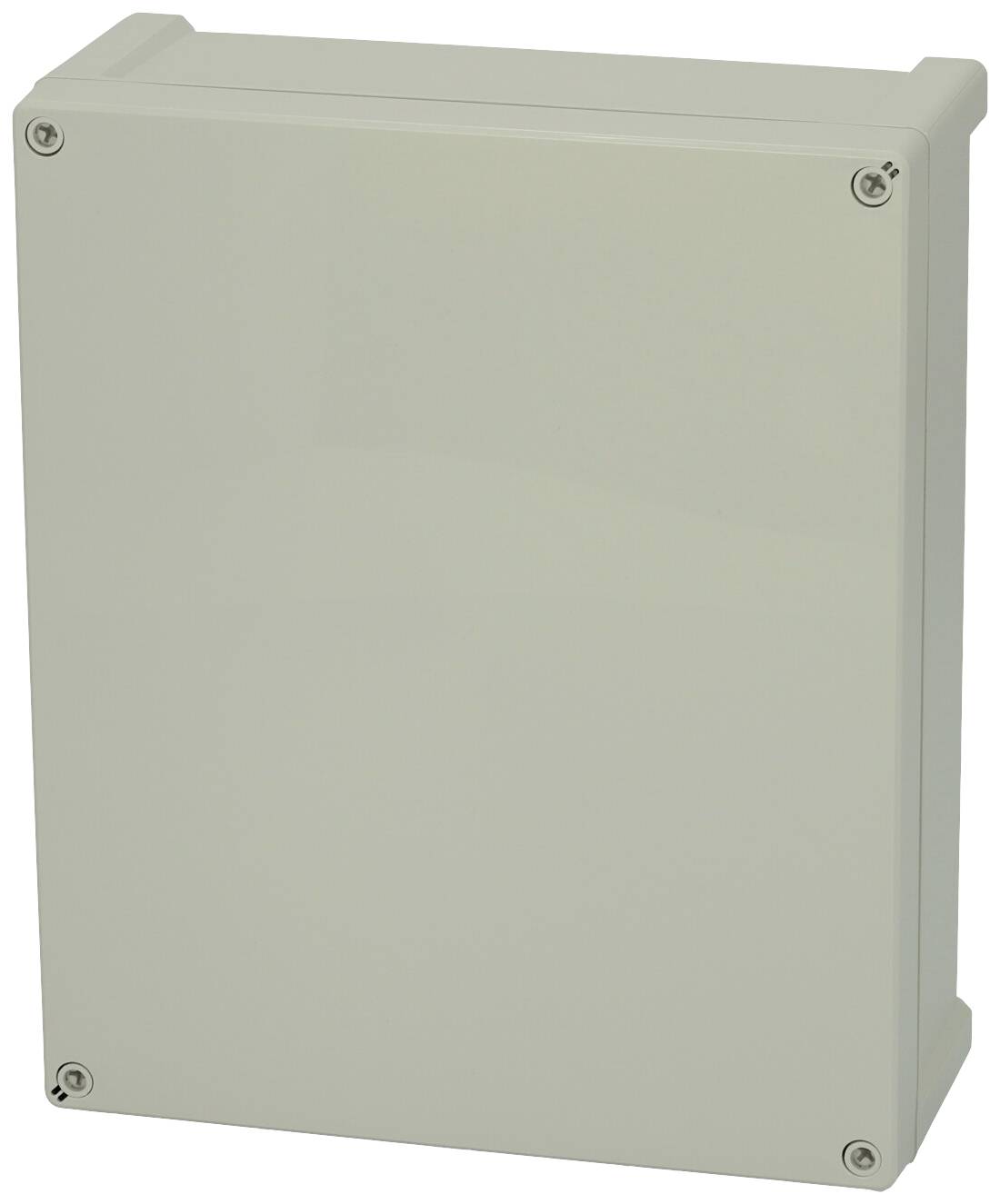 Prostokątna, jasnoszara obudowa z zaokrąglonymi krawędziami i czterema widocznymi śrubami w narożnikach.