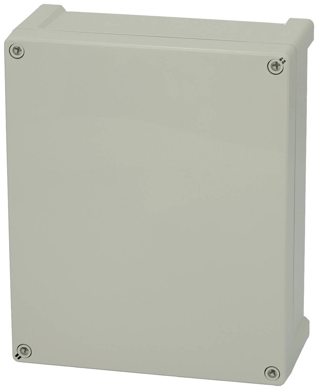 Prostokątna, szara obudowa z czterema śrubami w narożnikach. Służy do bezpiecznego przechowywania elementów elektrycznych.