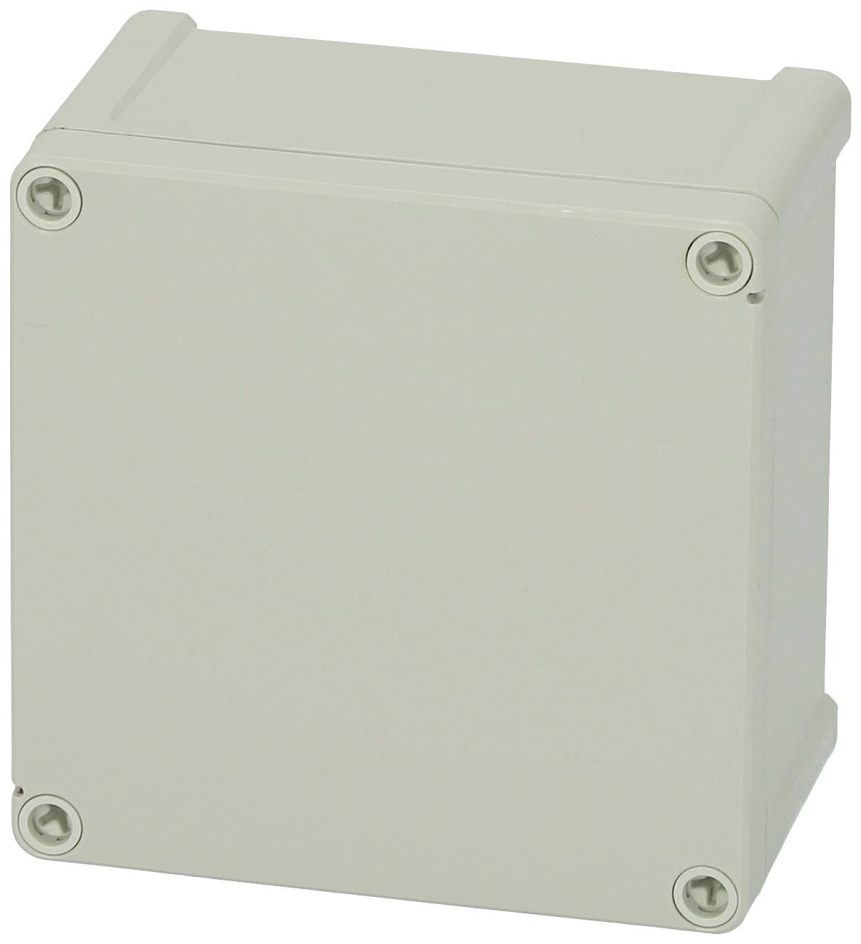 Prostokątna, szara obudowa z tworzywa sztucznego z zaokrąglonymi narożnikami i czterema widocznymi śrubami w każdym rogu.