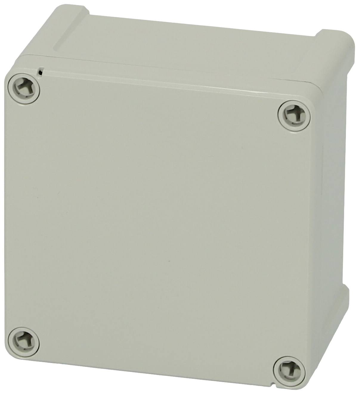 Prostokątna, szara obudowa z czterema śrubami w narożnikach, prawdopodobnie obudowa ochronna lub skrzynka przyłączeniowa.