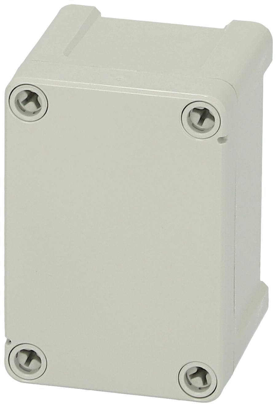 Mały, prostokątny, szary plastikowy obudowa o zaokrąglonych narożnikach z czterema śrubami w każdym rogu do mocowania.