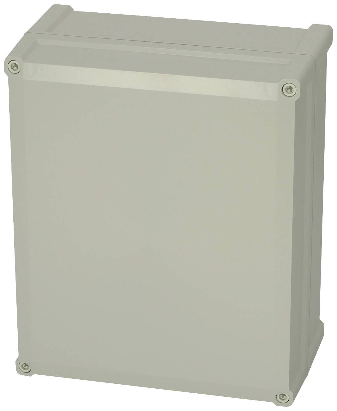 Szare obudowa elektryczna o prostokątnym kształcie z czterema śrubami w narożnikach.