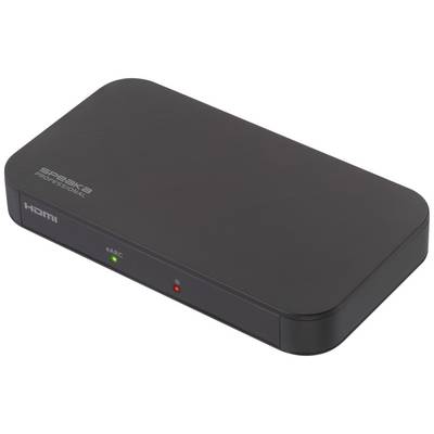 Czarny przełącznik HDMI z zielonymi i czerwonymi wskaźnikami LED na przedniej stronie. Oznaczony napisem 'Speaka Professional'.