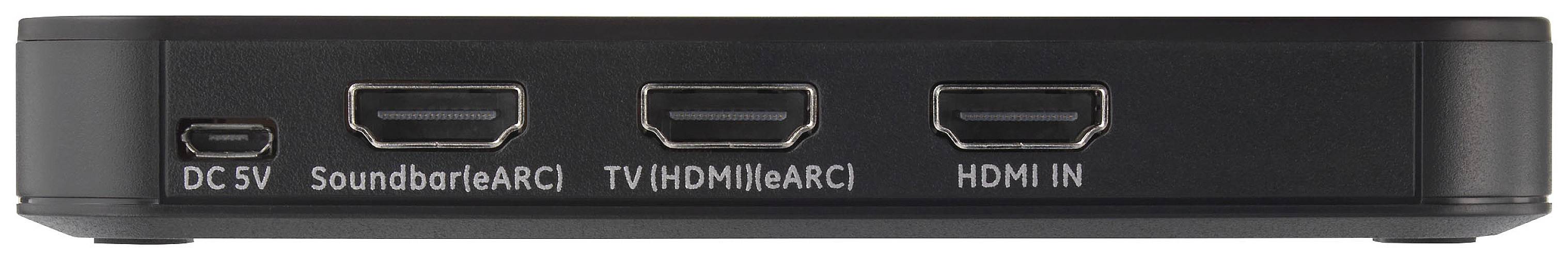 Czarne urządzenie elektroniczne z czterema złączami: 'DC 5V', 'Soundbar (eARC)', 'TV (HDMI eARC)', 'HDMI IN'.