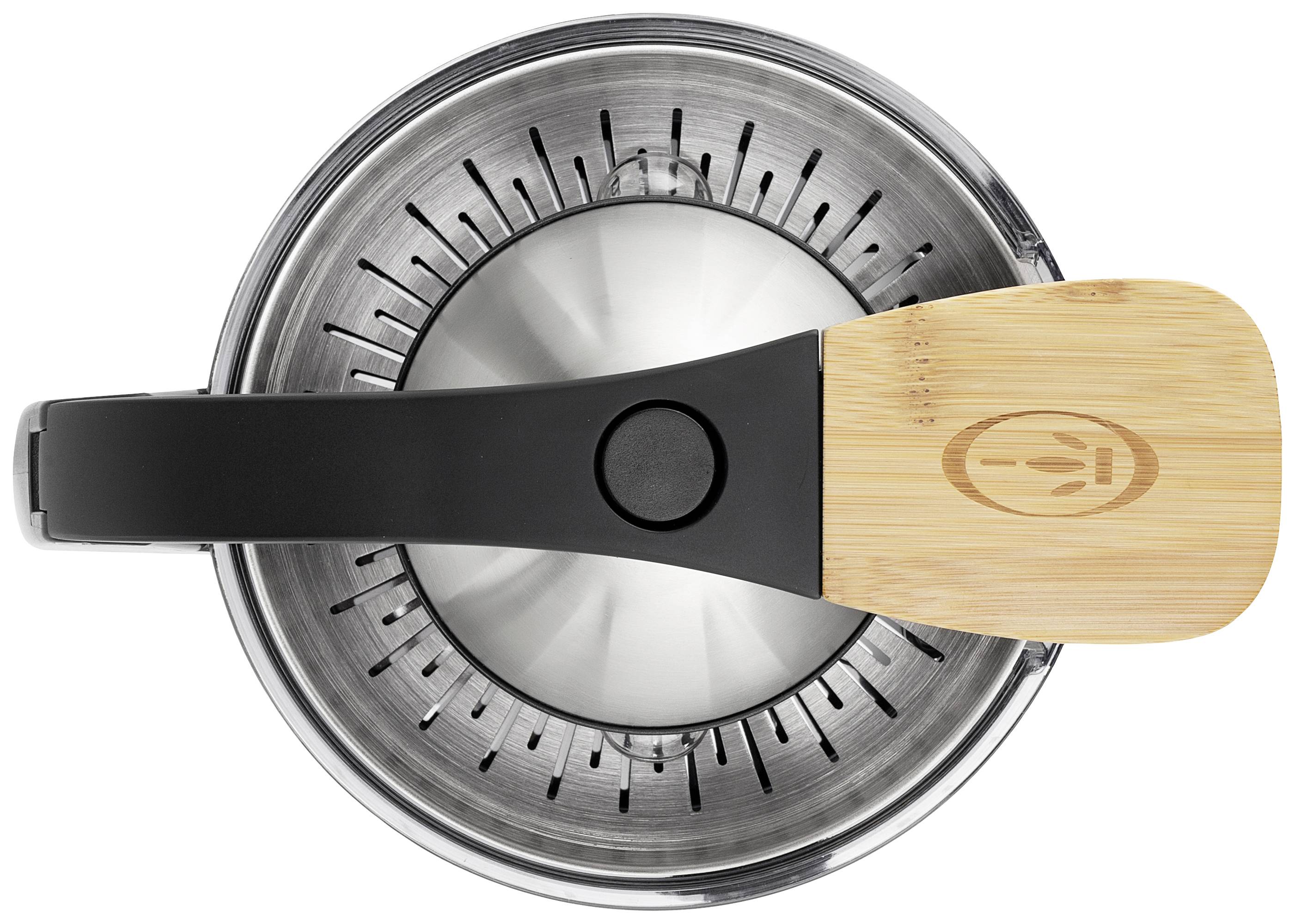 Elektryczna wyciskarka do cytrusów ze stali nierdzewnej z czarnym uchwytem i drewnianą nakładką do wyciskania, ujęcie z góry.