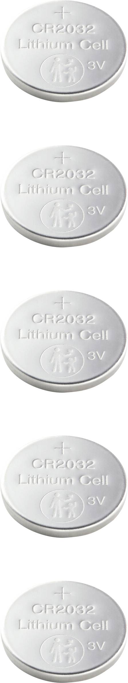 Pięć identycznych baterii litowych (CR2032) jest ułożonych pionowo, każda z napisem "Bateria litowa CR2032 3V".