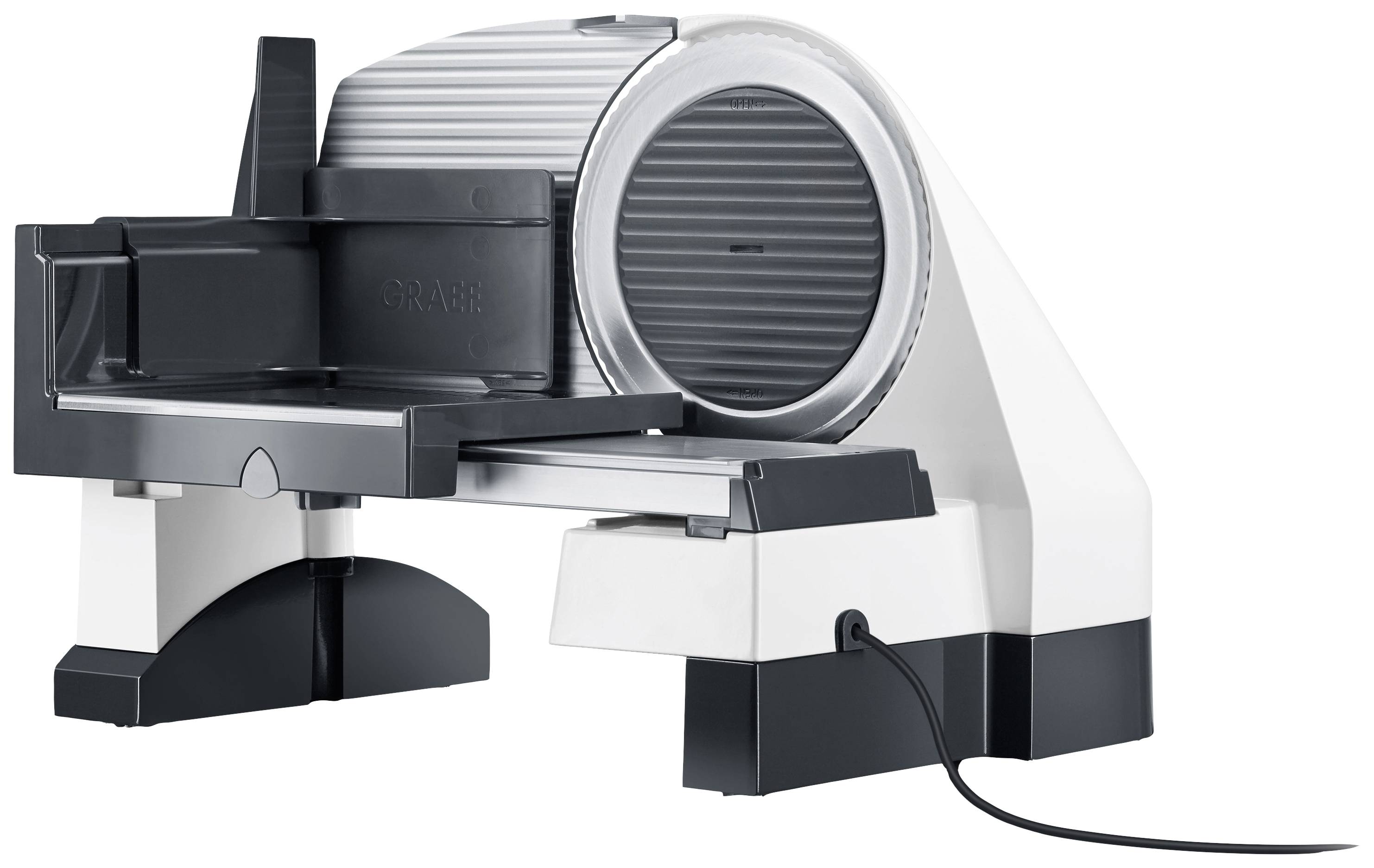 Elektryczna wielofunkcyjna krajalnica w kolorach białym i czarnym, przeznaczona do krojenia chleba, mięsa i sera. Widoczne są okrągłe ostrza oraz funkcje bezpieczeństwa.