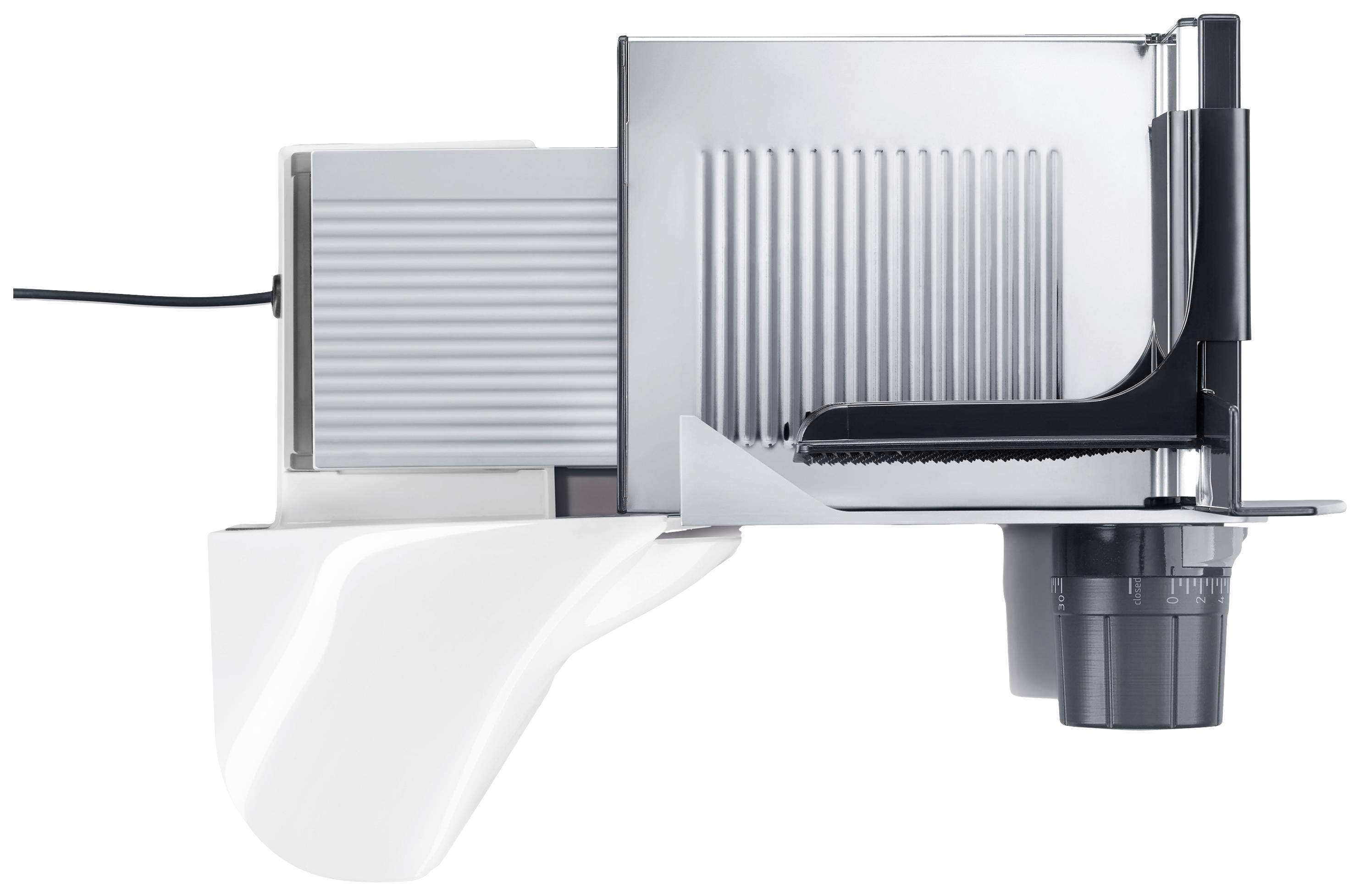 'Elektryczny wielofunkcyjny krajalnik widziany z boku, z ostrzem metalowym, osłoną ochronną i włącznikiem/wyłącznikiem. Odpowiedni do krojenia chleba.'