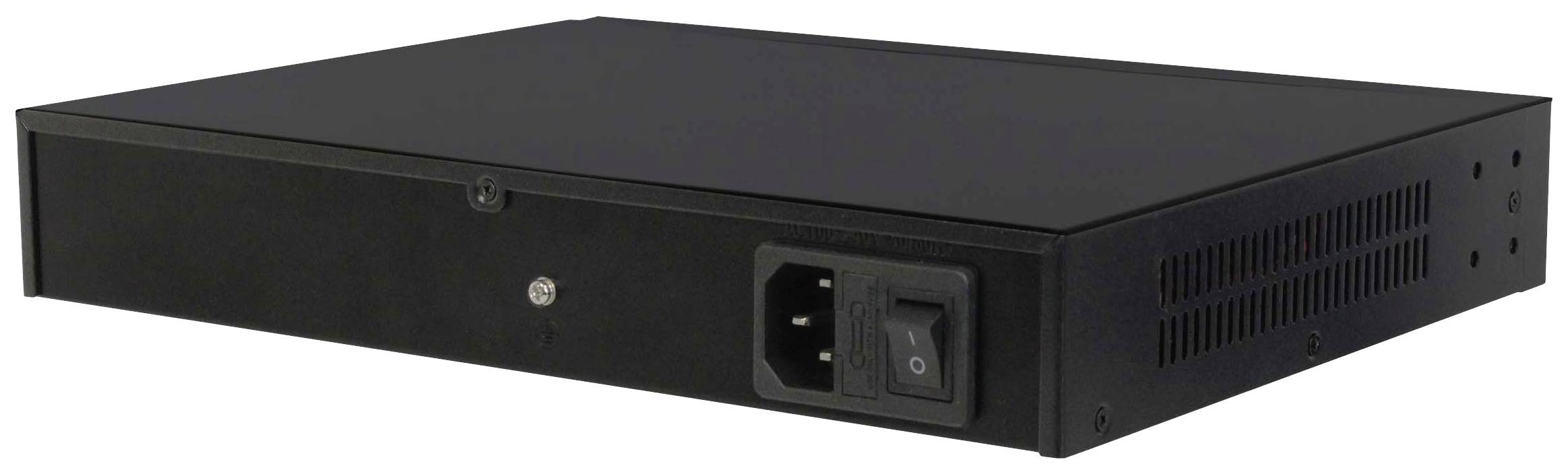 Czarny elektryczny sprzęt z przełącznikiem włączania/wyłączania oraz gniazdem zasilania z przodu, przeznaczony do szaf serwerowych.