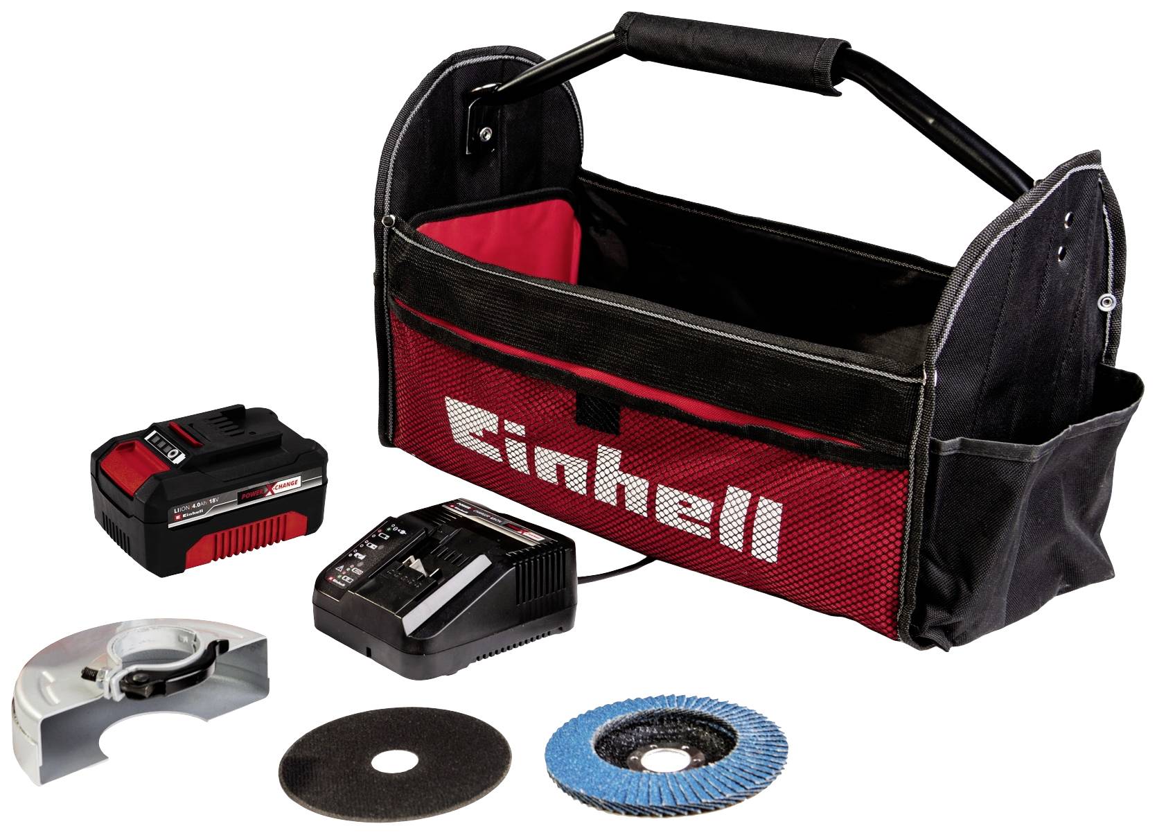 Torba na narzędzia z logo Einhell, w komplecie z akumulatorem, ładowarką i akcesoriami; idealna dla użytkowników elektronarzędzi.