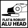 Płaska i wytrzymała grafika głowicy aluminiowej, przedstawiająca stylizowany projekt głowicy narzędzia z tekstem 'PŁASKA I WYTRZYMAŁA GŁOWICA ALU'.
