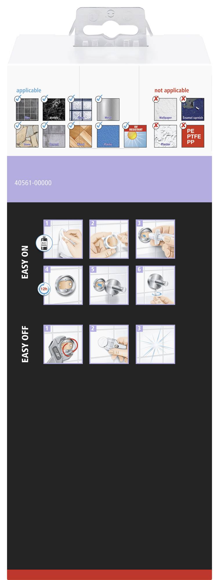 Instrukcja pakowania haczyków samoprzylepnych przedstawia schemat użycia: wyczyść powierzchnię, usuń papier ochronny, przykiej i poczekaj.