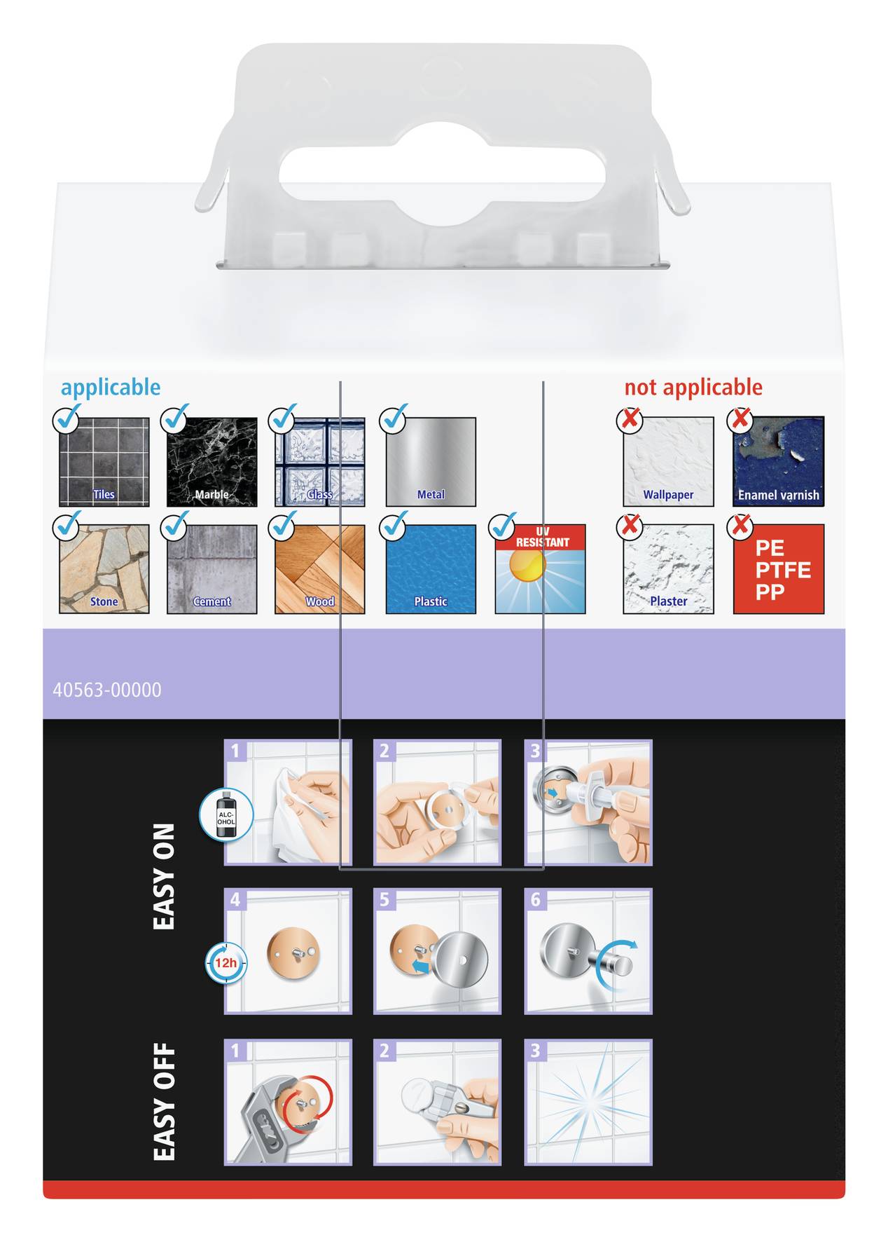 'Ta instrukcja pokazuje, jak zamocować i usunąć hak na płytkach, kamieniu lub szkle. Nie nadaje się do tapet i tynku.'