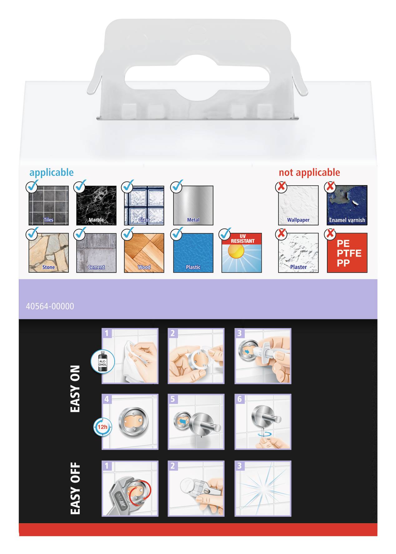 Rysunek przedstawia instrukcję produktu. Na górze wyjaśniono, na jakich powierzchniach można go stosować (płytki, szkło) i na jakich nie (tapety, PE). Poniżej znajdują się ilustracje krok po kroku dotyczące stosowania i usuwania produktu.