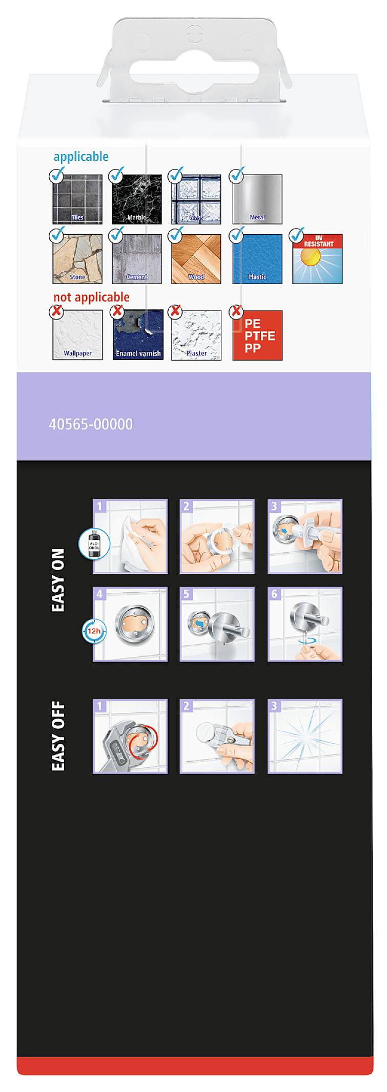 Opakowanie z symbolami do stosowania na powierzchniach. Górna sekcja 'nadaje się': płytki, szkło, lustro; 'nie nadaje się': tapeta, tynk. Na dole instrukcja łatwego nakładania i usuwania.