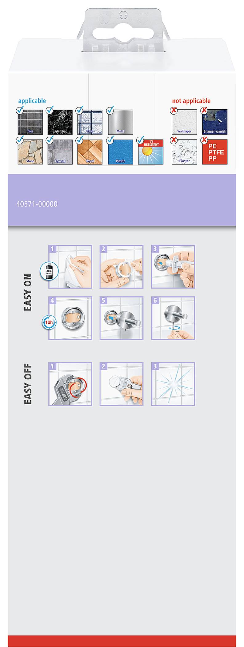Opakowanie z instrukcją stosowania taśmy klejącej: Kroki 1-4 przedstawiają wkładanie, umieszczanie i usuwanie rolki klejącej.