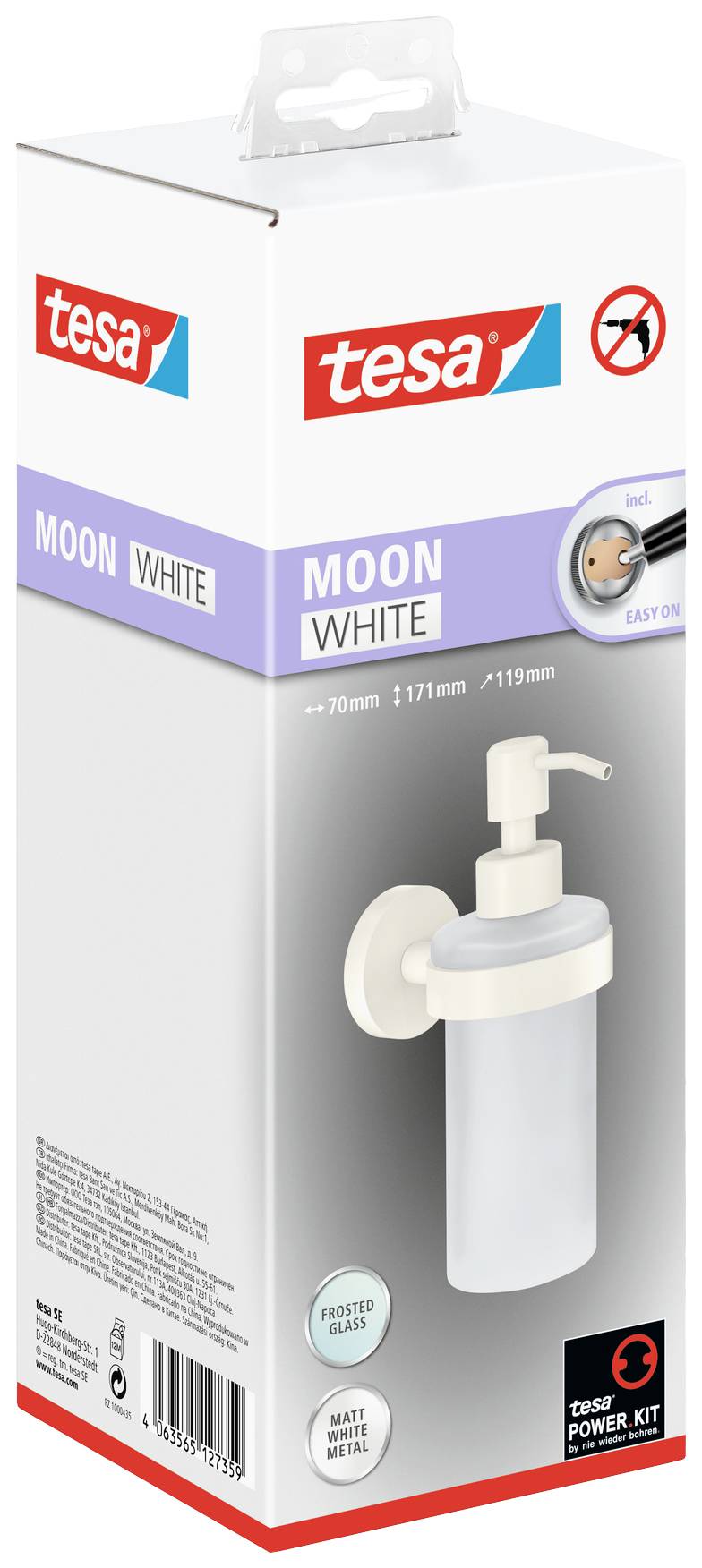 Biały dozownik do mydła marki Tesa, do łatwego montażu bez wiercenia, z matowego szkła, należący do serii 'Moon White'.