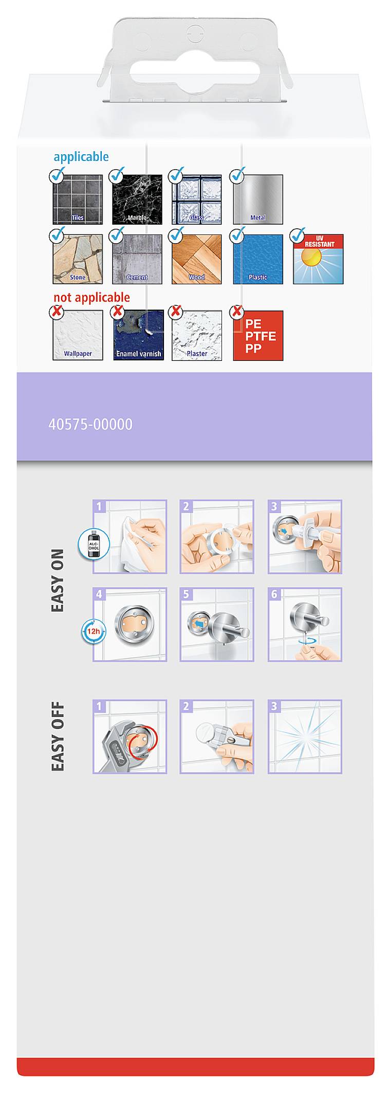Rysunek przedstawia opakowanie z symbolami dotyczącymi instalacji i demontażu słuchawki prysznicowej. Na górze: powierzchnie odpowiednie i nieodpowiednie.