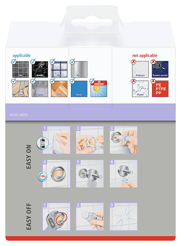 Dołączony do opakowania dokument zawiera instrukcję montażu i demontażu. Na górze: odpowiednie i nieodpowiednie powierzchnie. Na dole: kroki 1-5 użycia.
