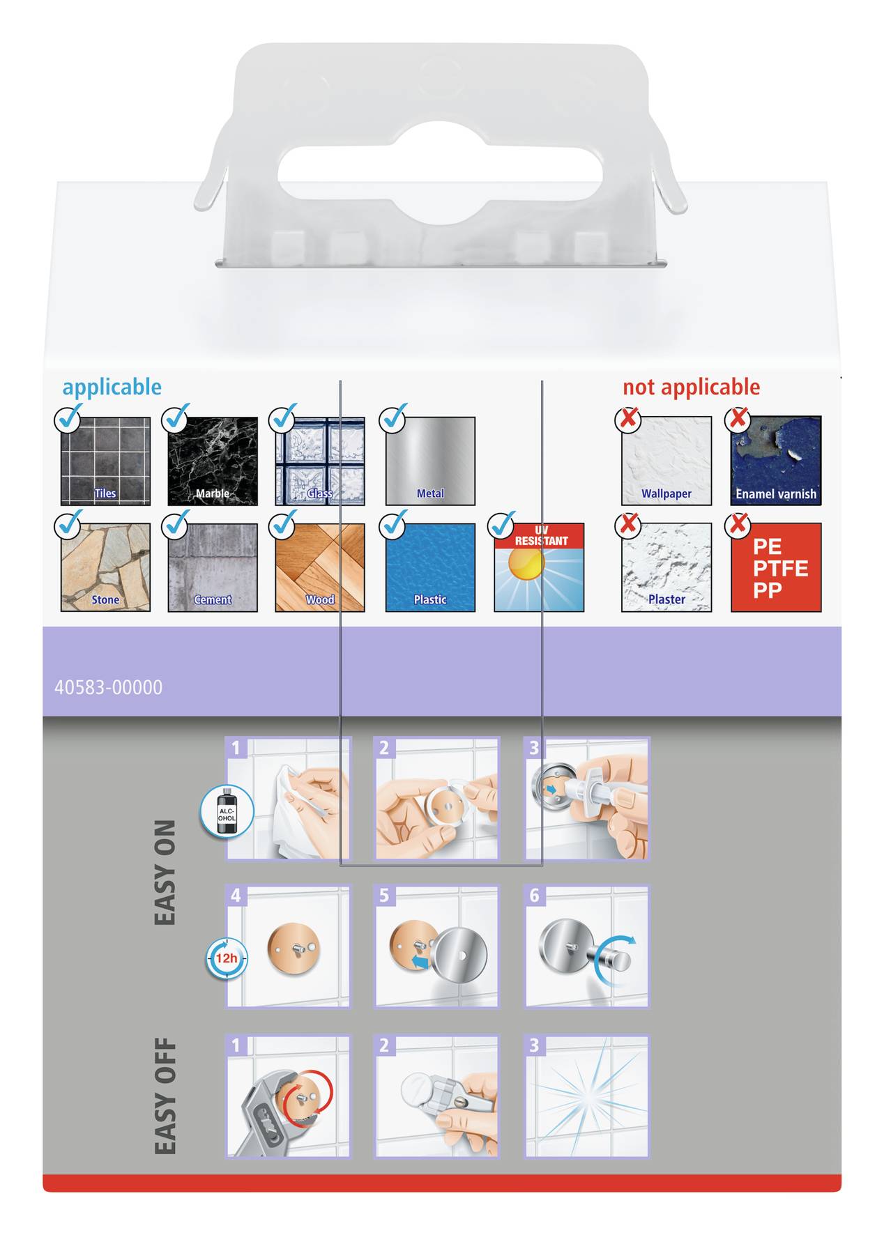 Instrukcja montażu i demontażu produktu na różnych powierzchniach. Po lewej: odpowiednie, po prawej: nieodpowiednie.