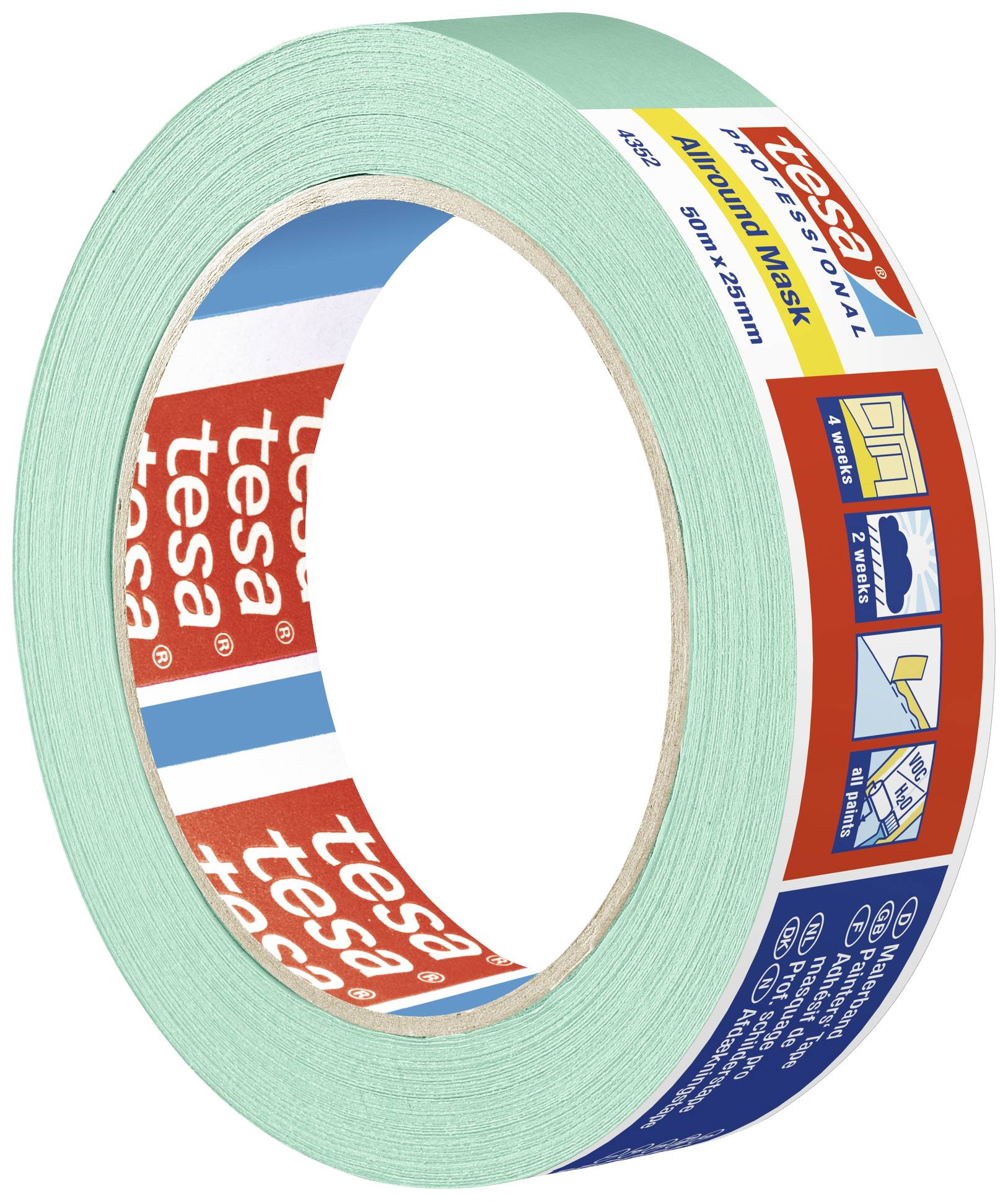 Rolka taśmy maskującej marki 'tesa' w jasnym zielonym kolorze. Nadaje się do zabezpieczania i ochrony podczas prac malarskich.