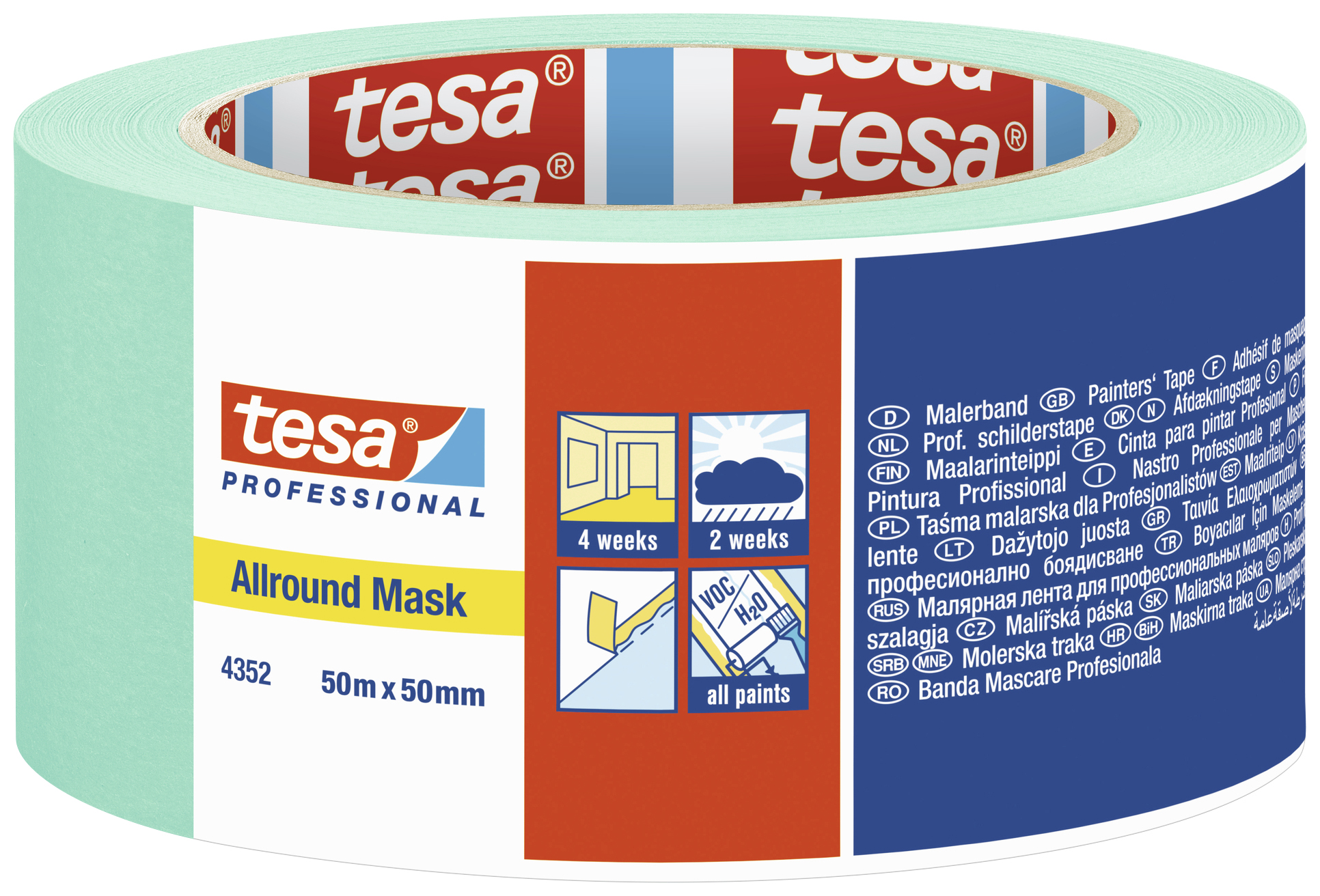 Rolka niebieskiej taśmy malarskiej z napisem 'tesa Professional Allround Mask, 50m x 50mm', odpowiednia do stosowania przez do 4 tygodni i we wszystkich kolorach.