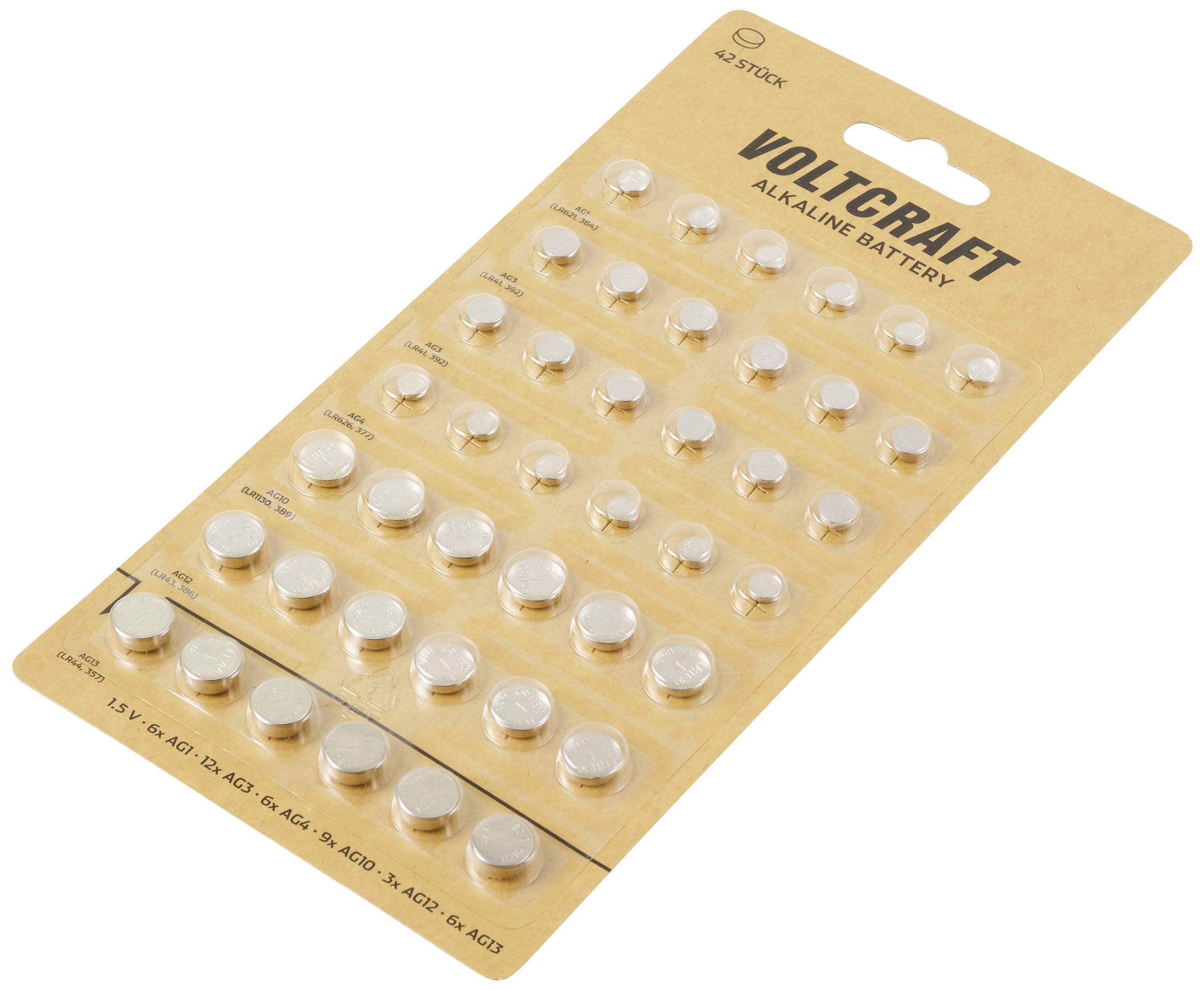 Karta z 42 bateriami guzkowymi, o nazwie marki 'VOLTCRAFT', ułożonymi w rzędach w różnych rozmiarach.