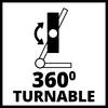 Obraz przedstawia symbol z urządzeniem obrotowym o pełnym zakresie 360 stopni oraz strzałką wskazującą ruch obrotowy. Poniżej znajduje się napis '360 TURNABLE'.