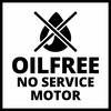 Silnikowy bez oleju, nie wymagający konserwacji w prostokątnej ramce z przekreślonym symbolem kropli nad nim.