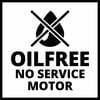 Symbol koła z przekreśloną kroplą oleju. Tekst pod spodem: 'OILFREE NO SERVICE MOTOR'. Silnik nie wymaga oleju ani konserwacji.