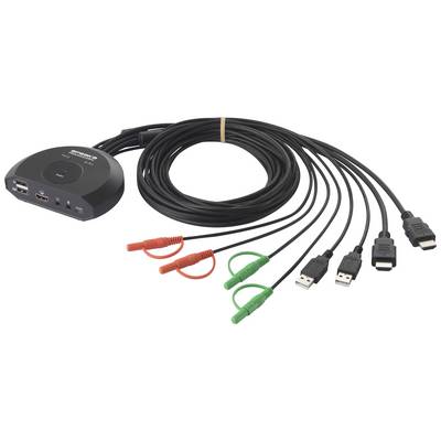 'Kabel z wieloma złączami, w tym HDMI, USB i gniazdami audio, podłączone do okrągłego rozdzielacza.'