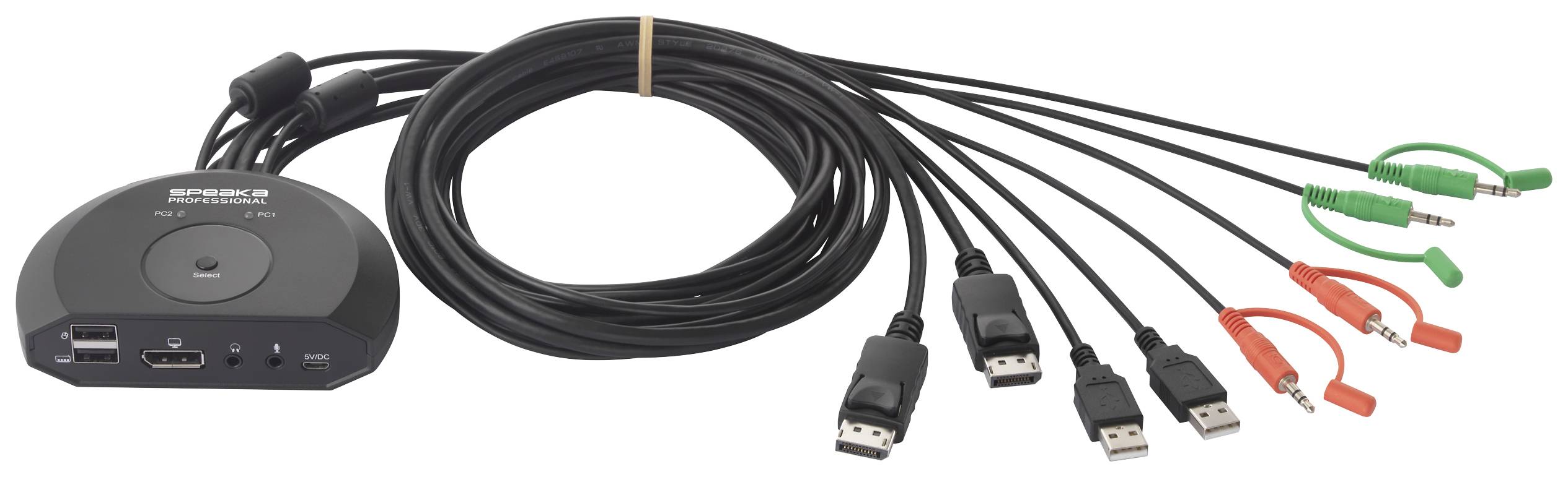 Wiązka przewodów do telefonu konferencyjnego z złączami HDMI, USB oraz zielonymi i czerwonymi gniazdami audio do podłączenia różnych urządzeń.