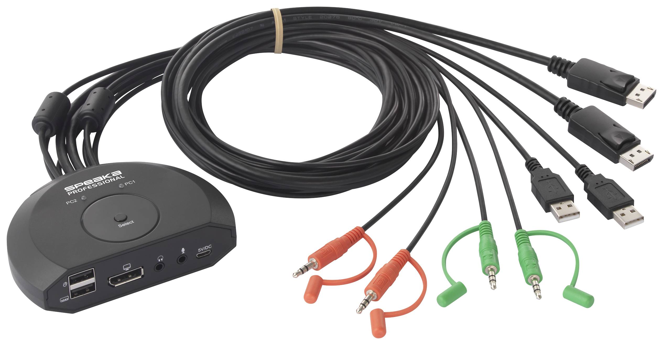 Zestaw kabli z gniazdami HDMI i USB, podłączony do rozdzielacza sygnałów audio i wideo. Idealny do podłączania wielu urządzeń.