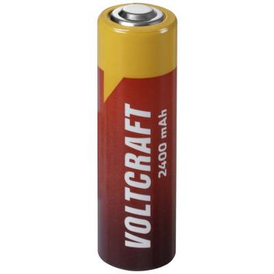 Bateria marki Voltcraft o pojemności 2400 mAh. Jest zabarwiona na czerwono i żółto.