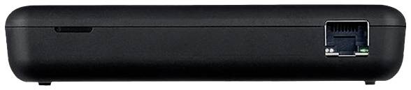 Czarny elektroniczny sprzęt, widok z boku, ukazujący gniazdo Ethernet po prawej stronie. Przeznaczenie nieznane.