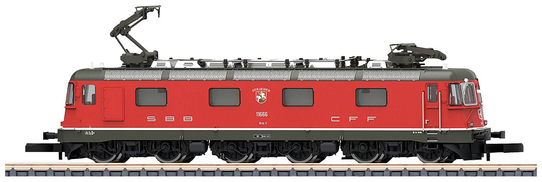 Czerwony pociąg modelowy SBB, przedstawiony z boku, z pantografem na dachu i pięcioma oknami w środkowej części wagonu.